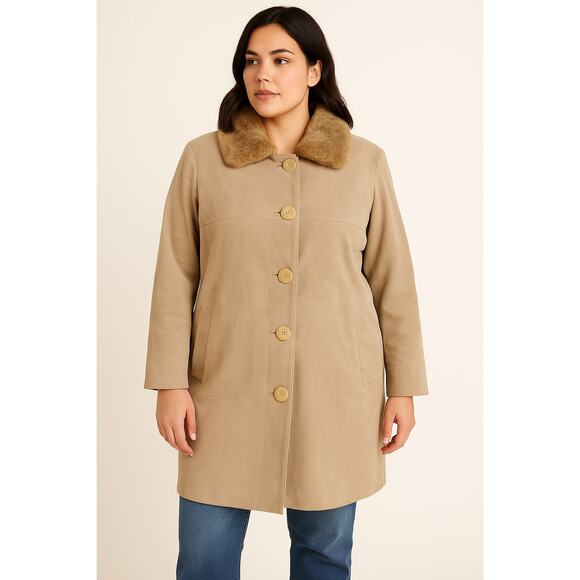 Liz Claiborne VTG Women's SZ L Suede Trench Coat Removable Fur Collar Pockets - Picture 1 of 11